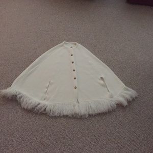 Women White Knit Cape with Fringe